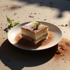 Wall Mural -  a piece of cake sitting on top of a white plate on top of a dirt covered ground next to a leafy green plant on top of a white plate.