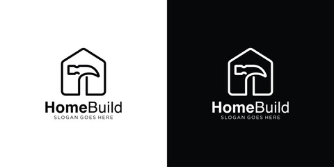 Wall Mural - Creative Home Build Logo. House Construction, Hammer Tool and Home with Linear Outline Style. Home Service Logo Icon Symbol Vector Design Template.