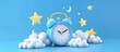 3D rendering Alarm clock in Clouds and Stars around in cartoon minimal style. AI generated image