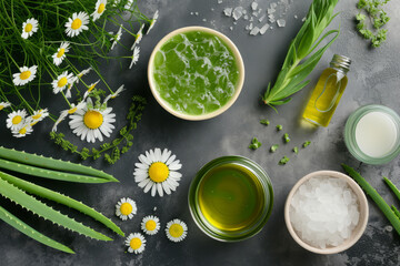 Natural skincare ingredients. Aloe vera and chamomile on summer background. Generative AI