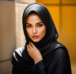 Woman wearing black hijab poses for picture in front of wall.