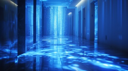 Sticker - A hallway with blue lights shining down on it from above, AI