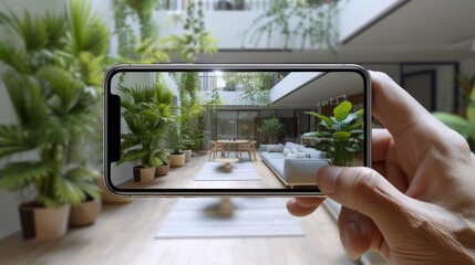 Poster - A person holding a cell phone in front of an indoor living room, AI