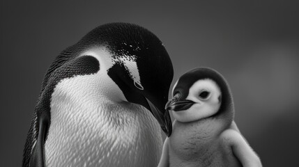 Poster -  a couple of penguins standing next to each other on a black and white background and one penguin has its head on the other side of the penguin's head.