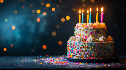 Sticker - white birthday cake with colorful sprinkles with candles on a dark background with free space with place for text