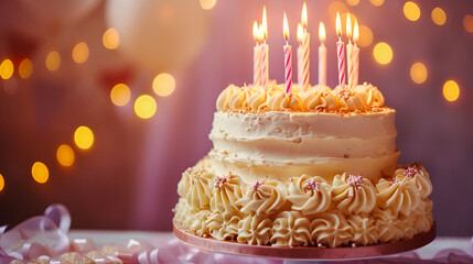 Sticker - white two-tier cake with candles with copyspace, for a birthday on a light background and bokeh with space for text