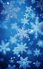 Poster - Snowflakes are flying in the air on a blue background. Generative AI.