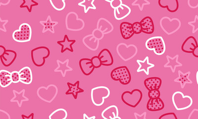 Seamless pattern abstract pink background vector illustration. Hearts, stars and bows pink background. Decoration banner themed Lol surprise doll girlish style. Invitation card template