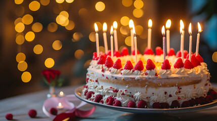 Wall Mural - white birthday cake with colorful sprinkles with candles on a dark background with free space with place for text