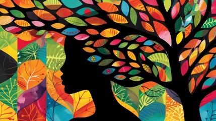 Sticker - A colorful painting of a woman with her hair under the tree, AI