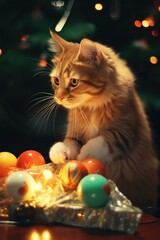 Canvas Print - A cat playing with christmas decorations. Generative AI.