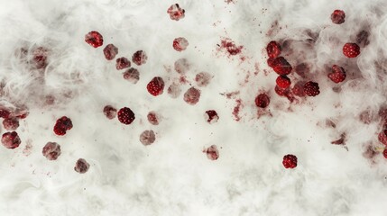 Poster -  a group of raspberries on a white surface with smoke coming out of the top and bottom of the berries on the bottom of the image and bottom of the image.