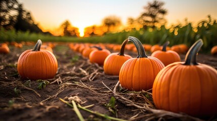 Wall Mural - A field of pumpkins with a sunset in the background. Generative AI.