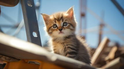 Poster - A small kitten sitting on top of a piece of wood. Generative AI.