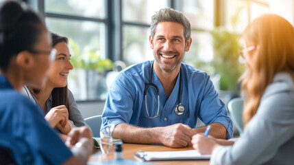 A cheerful group of doctors takes well-deserved break, sharing laughter and camaraderie