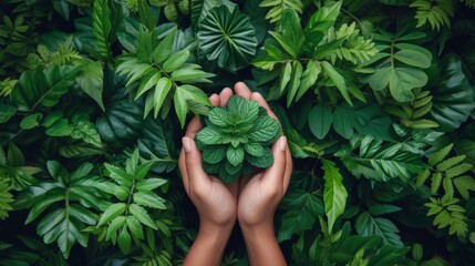 Sticker - Hands holding a plant in front of green leaves, AI