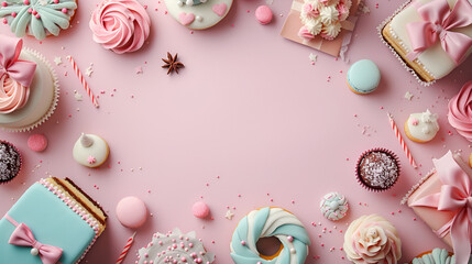 Wall Mural - copy space birthday card, frame of sweets cakes and pastries on a pink background with space for text