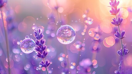Wall Mural -  a bunch of soap bubbles sitting on top of a field of purple flowers with water droplets on the top of the bubbles and in the middle of the bubbles are lavender flowers.
