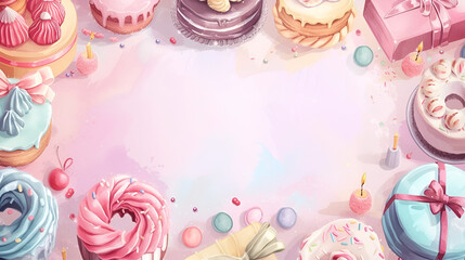 Wall Mural - copy space birthday card, frame of sweets cakes and pastries on a pink background with space for text