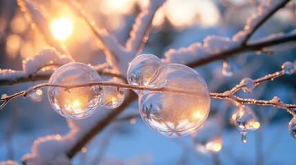 Wall Mural -  three bubbles of ice on a tree branch with the sun shining through the ice on the branches and the snow on the top of the branches and bottom of the branches.