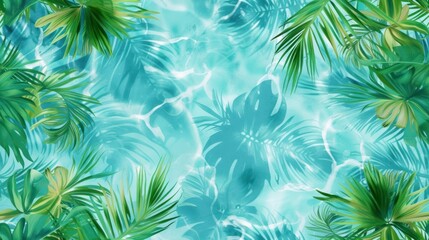 Wall Mural -  a blue and green tropical wallpaper with palm leaves and a pool of water in the middle of the image is a palm tree leaves in the center of the photo.
