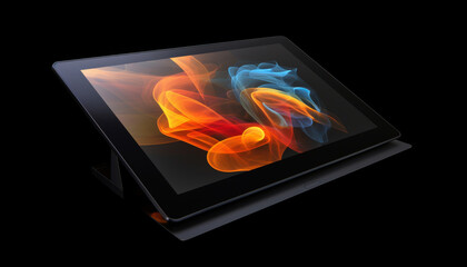 Foreshortening and perspective view of black tablet displaying colorful digital visuals on black background. Generative AI.