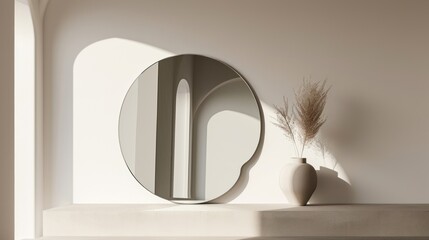 Sticker -  a round mirror sitting on top of a white shelf next to a vase with a dried plant in it on top of a white shelf next to a white wall.