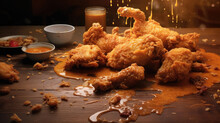 Battered Chicken Big Batch Falls To The Floor The Pieces Spread Nicely. And Delicious Dipping Sauce. Generative AI