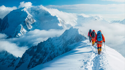 une cordée d'alpiniste sur une crète de montagne enneigée, illustration	
