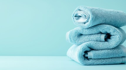 Poster - A neat and inviting stack of crisp, azure towels beckons to be used for a refreshing escape from reality