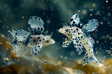 Wall Mural - An exquisite underwater display of two unique organisms, with black spotted bodies and elegant white fins, swimming gracefully in a tranquil aquarium, showcasing the beauty of marine biology and the 