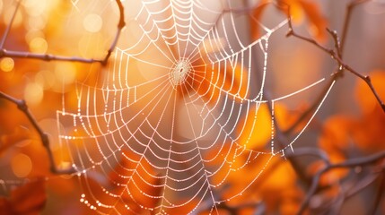 Wall Mural -  a close up of a spider web in the middle of a tree with orange leaves in the background and a blurry boke of leaves in the foreground.