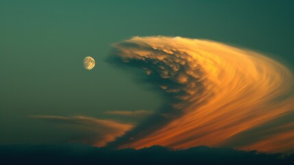 Sticker -  a very large cloud in the sky with a half moon in the distance with a green sky in the back ground and a half moon in the middle of the sky.