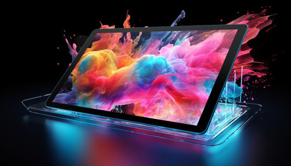 Foreshortening and perspective view of black tablet with abstract and splashing colorful clouds. Vibrant holographic colors explosion coming out of a screen on dark background. Generative AI.