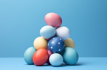 Wall Mural -  a pile of colorful balls sitting on top of a blue tableclothed surface with a light blue wall in the background and a light blue wall in the background.