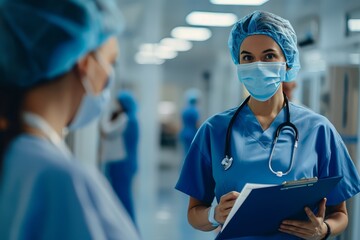 Nurse in a cap and mask holding a folder in her hand against the background of a hospital room 