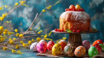 Poster -  a cake sitting on top of a cake plate covered in frosting and topped with berries and berries on top of a cake stand surrounded by colorfully decorated eggs.