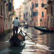 Traditional gondolas on a Venetian canal agondolier in striped shirt withancient buildings lining th Generative AI