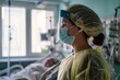 © Лена Шевчук - A doctor in a cap and mask stands over a patient's bed against the background of a hospital room