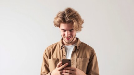 Wall Mural - Happy caucasian young man using smart phone cellphone for calls, social media, mobile application online isolated in white background