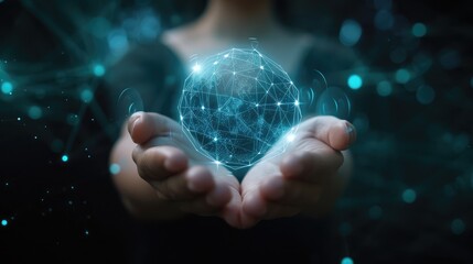 Poster - Metaverse Virtual Technology.Woman hand holding global network connection. Internet communication, Wireless connection technology. Futuristic technology