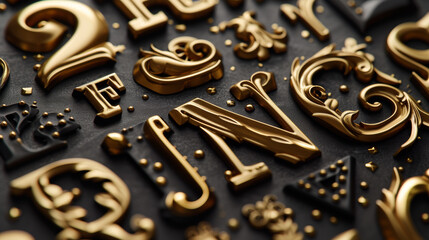 Fototapete - A close up of a bunch of gold letters and numbers, AI