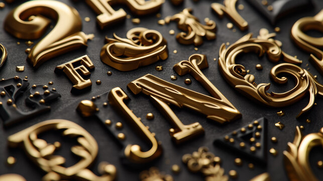 A close up of a bunch of gold letters and numbers, AI