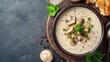 Mushroom cream soup. Soup in a bowl. Top view. Free space for your text.