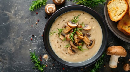 Wall Mural - Mushroom champignon soup with bread and fresh mushrooms. top view , autumn seasonal cream soup with vegetables