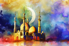An Illustrated Mosque With Golden Domes And Minarets Against A Colorful Watercolor Background With A Crescent Moon.
