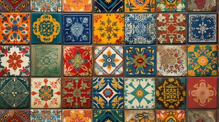 Wall Mural -  a close up of a wall made up of many different colors and shapes of tiles with different designs on each of the tiles, all of which have different shapes and sizes and colors.