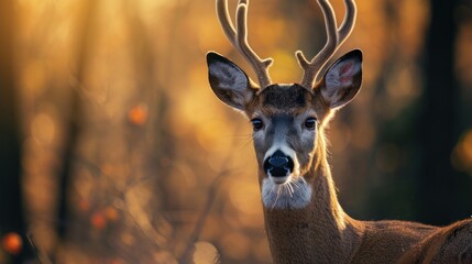 Wall Mural - a close up of a deer with antlers on it's head and a blurry background of trees and bushes in the fo