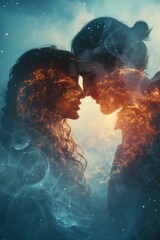 Sticker - A couple kissing in a smokey background with stars, AI