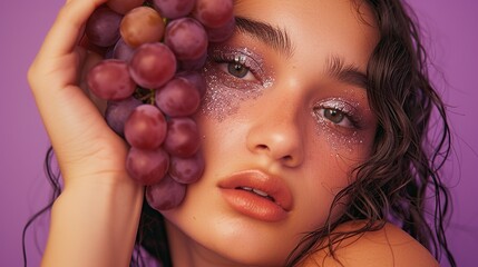 Wall Mural - Female eyes sparkling with glitter and adorned with pastel eyeshadow, holding a bunch of grapes